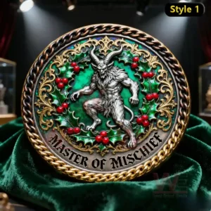 Ornate coin with horned creature surrounded by holly leaves and berries on a green background!