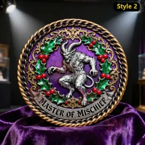 Krampus's Reckoning Challenge Coin 7 Round coin with horned creature framed by holly leaves and berries on a purple background!
