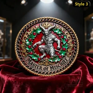 Krampus's Reckoning Challenge Coin 8 Decorative coin with horned figure and holly wreath on a red background!