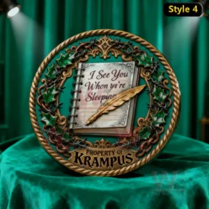 Krampus's Reckoning Challenge Coin 9 Coin with notebook and feather pen framed by holly leaves on a green background!