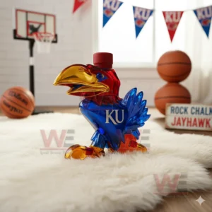 KU Jayhawk bottle on white rug with basketballs and team pennants!