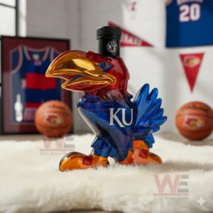 KU Jayhawk bottle on white rug with jerseys basketballs and team banners!