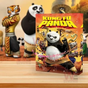 Kung Fu Panda advent calendar displayed on a wooden table with character artwork in the background!