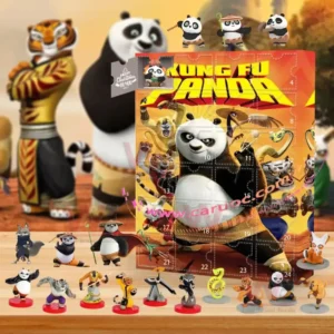 Kung Fu Panda Advent Calendar 2025 5 Kung Fu Panda advent calendar displayed with many small character figures on a wooden table against an animated backdrop!