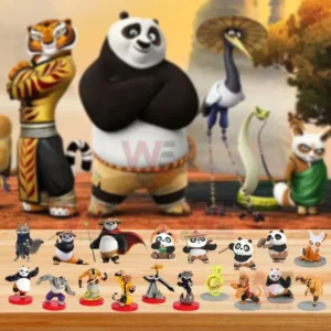 Kung Fu Panda Advent Calendar 2025 7 Kung Fu Panda character figures arranged on a wooden table with animated characters in the background!