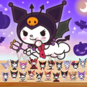 Kuromi character figures displayed on a wooden table in front of a large purple themed illustration!