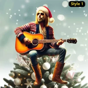 Musician with Santa hat sitting on Christmas tree playing acoustic guitar.