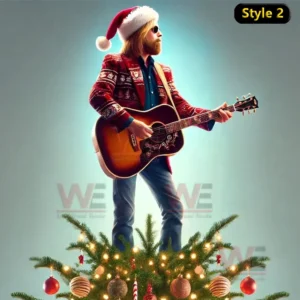 Guitarist in Santa hat standing on decorated Christmas tree with lights.