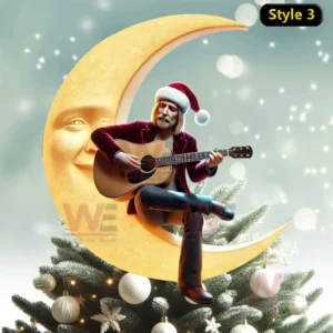 Musician with Santa hat sitting on crescent moon above Christmas tree playing guitar.