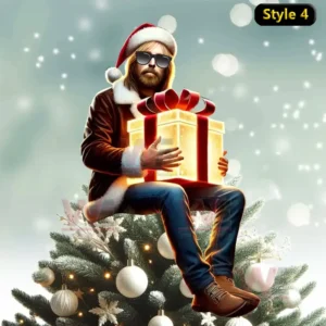 Man with Santa hat holding glowing gift box sitting on Christmas tree.