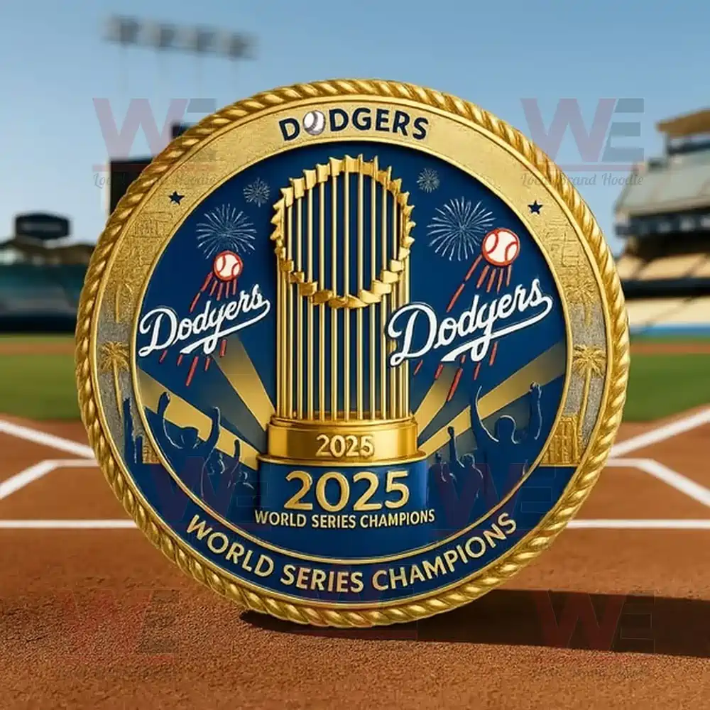 Gold and blue coin featuring Dodgers logo and 2025 World Series Champions trophy design.