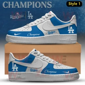 White and blue LA Dodgers Champions sneakers displayed on shoe box with team logo!