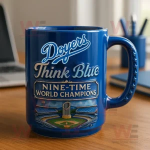 Blue mug with Doyers Think Blue Nine Time World Champions lettering and baseball field artwork on a wooden table near a laptop!