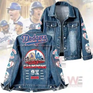 Los Angeles Dodgers denim jacket with 2025 World Series Champions design and detailed LA baseball patches!
