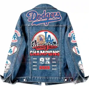 LA Dodgers 9x World Series Champions Denim Jacket 4 Back view of Los Angeles Dodgers denim jacket showing World Series Champions logo and 2025 championship highlight!