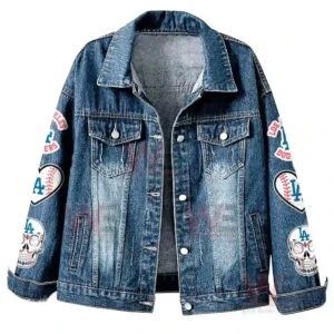 LA Dodgers 9x World Series Champions Denim Jacket 5 Front view of Los Angeles Dodgers denim jacket with LA and baseball patches on both sleeves!