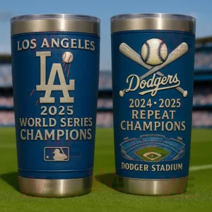Two blue LA Dodgers championship tumblers on baseball field with team logos and stadium design!