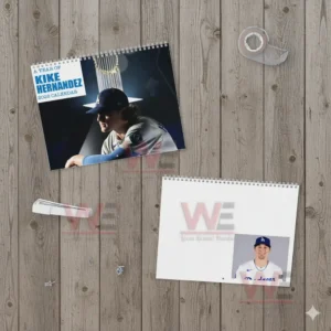 LA Dodgers Kike Hernandez 2026 Wall Calendar 7 Alt text: A 2026 calendar spread featuring Kike Hernandez with a trophy on the cover and a photo inside.