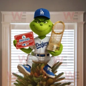 Character in Dodgers uniform on Christmas tree holding World Series trophy.