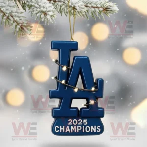 Dodgers LA skyline ornament with snow and city buildings.