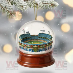 Snow globe ornament showing Dodgers stadium decorated for Christmas.
