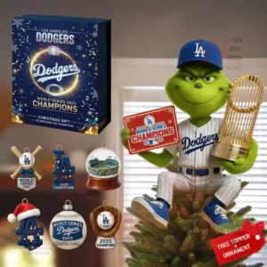 Dodgers 2025 World Series Champions Christmas set with trophy and themed ornaments.