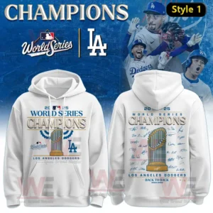 White Los Angeles Dodgers 2025 World Series Champions hoodie with gold trophy design and player signatures!