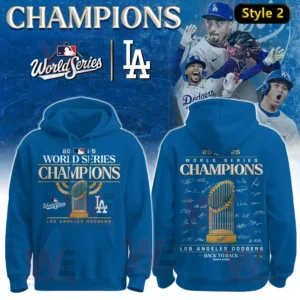 LA Dodgers World Series 2025 Limited Edition Hoodie and Pants 13 Blue Los Angeles Dodgers 2025 World Series Champions hoodie with gold text and trophy artwork!