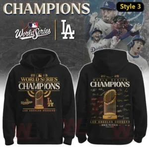 LA Dodgers World Series 2025 Limited Edition Hoodie and Pants 14 Black Los Angeles Dodgers 2025 World Series Champions hoodie with metallic gold trophy and printed autographs!