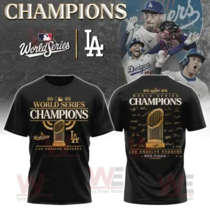 LA Dodgers World Series 2025 Limited Edition Hoodie and Pants 15 Black Los Angeles Dodgers 2025 World Series Champions T shirt with gold trophy and team autographs!