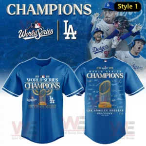 Blue Los Angeles Dodgers 2025 World Series Champions baseball jersey with trophy design and printed signatures!