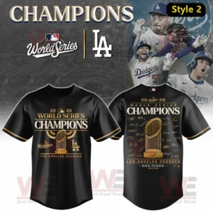 Black Los Angeles Dodgers 2025 World Series Champions baseball jersey with gold trophy and autographs!