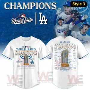 White Los Angeles Dodgers 2025 World Series Champions baseball jersey with blue and gold trophy artwork!