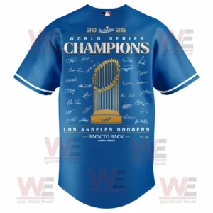 Back view of blue Los Angeles Dodgers 2025 World Series Champions jersey with gold trophy and player signatures!