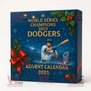 Los Angeles Dodgers 2025 World Series Champions Advent Calendar box with festive baseball design!