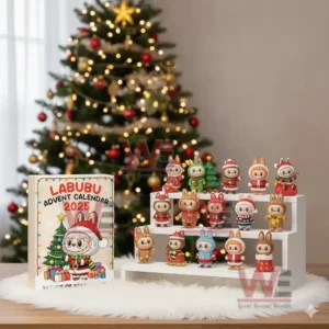 Labubu Advent Calendar 2025 display with Christmas themed figurines in front of a tree.