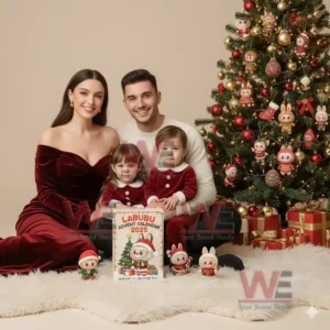 Family sitting by Christmas tree with Labubu Advent Calendar 2025 and decorations.