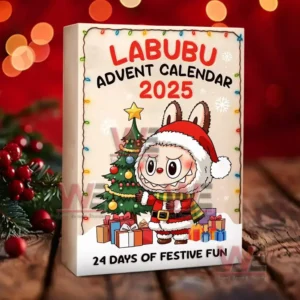 Close up view of Labubu Advent Calendar 2025 box featuring holiday artwork.