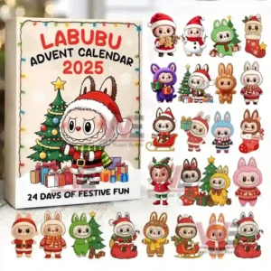 Complete Labubu Advent Calendar 2025 collection with festive character figures and box.