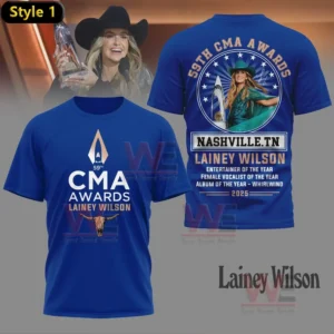 Blue t-shirt with Lainey Wilson’s CMA Awards recognition and colorful image.