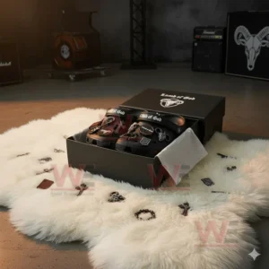 Black clogs with multiple charms displayed in an open box on a white furry rug!