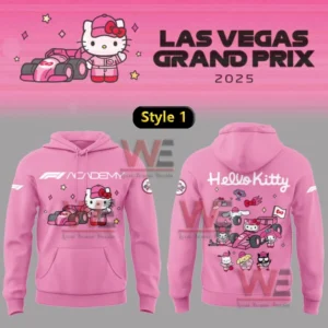 Pink Hello Kitty Las Vegas Grand Prix 2025 hoodie with racing car and F1 Academy print!