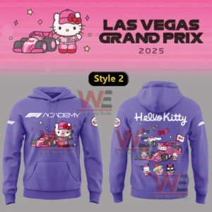 Las Vegas Grand Prix 2025 F1 Hoodie and Shirt 11 Purple Hello Kitty Las Vegas Grand Prix 2025 hoodie with F1 Academy and racing theme artwork!