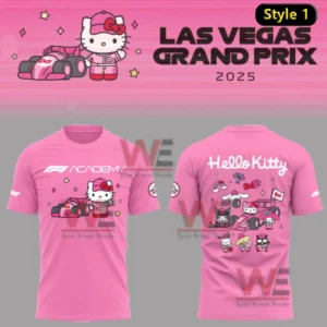 Las Vegas Grand Prix 2025 F1 Hoodie and Shirt 16 Pink Hello Kitty Las Vegas Grand Prix 2025 T shirt with racing car and character graphics!