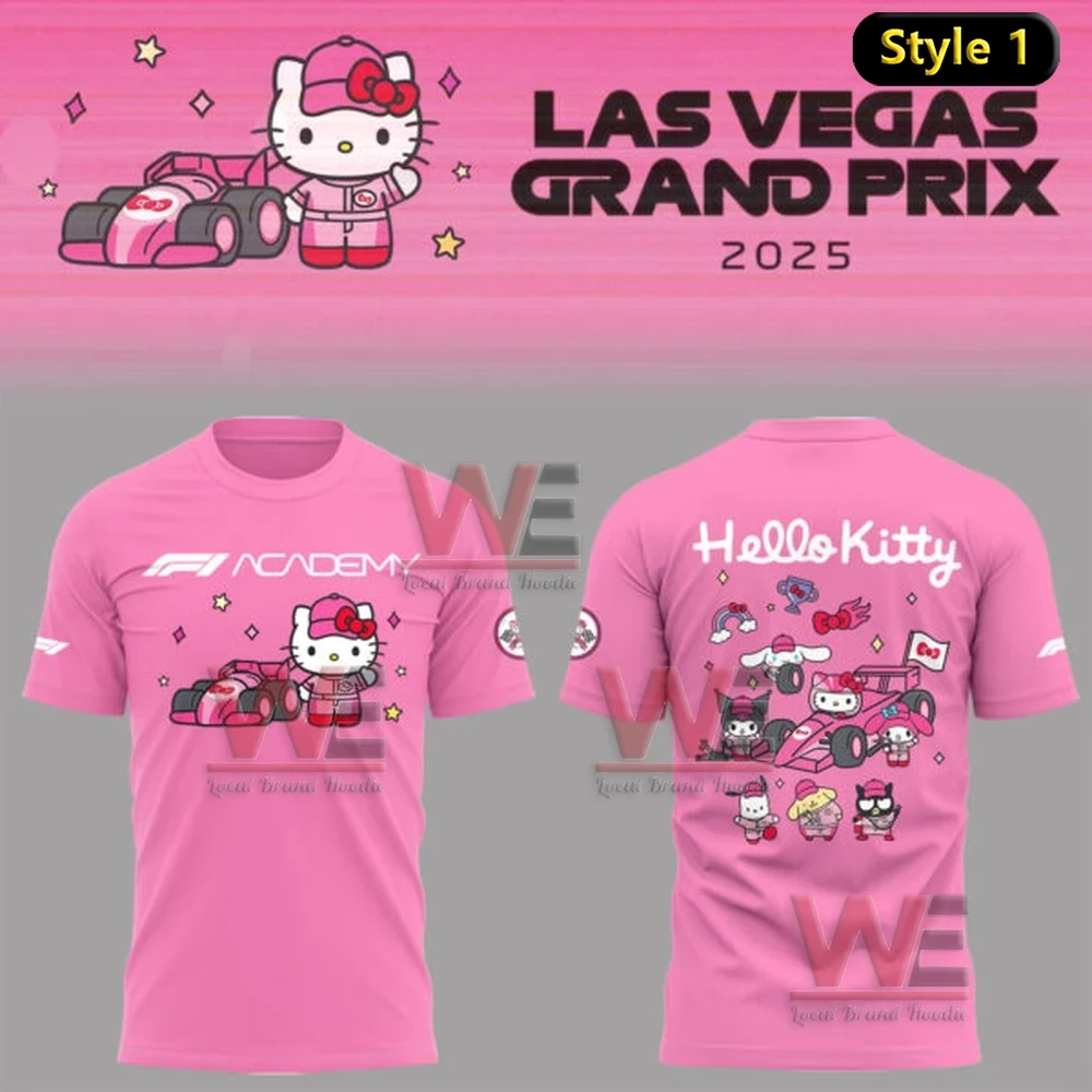 Las Vegas Grand Prix 2025 F1 Hoodie and Shirt 7 Pink Hello Kitty Las Vegas Grand Prix 2025 T shirt with racing car and character graphics!