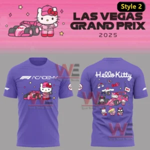 Las Vegas Grand Prix 2025 F1 Hoodie and Shirt 17 Purple Hello Kitty Las Vegas Grand Prix 2025 T shirt with racing theme and F1 Academy logo!