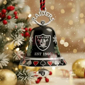 Las Vegas Raiders black Christmas bell ornament with silver logo, snowflake patterns, and football charm hanging on a holiday tree with lights and decorations!