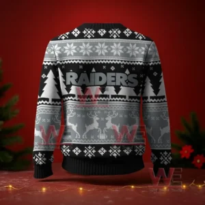 Black and gray Christmas sweater with the word RAIDERS on the back surrounded by festive snowflake and reindeer knit designs!