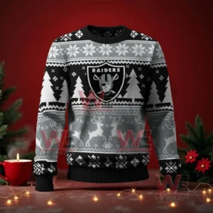 Las Vegas Raiders NFL Christmas Ugly Sweater 2025 5 Black and gray Christmas sweater with the Raiders logo on the front and holiday themed reindeer and snowflake patterns!