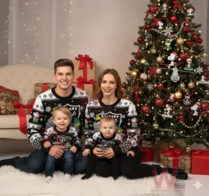 Alt text: A family with two young children wearing matching Raiders sweaters sitting on the floor next to a decorated Christmas tree with gifts.